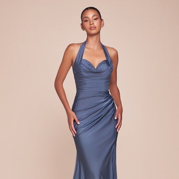 New Sheath Soft Satin Long Bridesmaid Gown w/ Halter Neck & Sexy Leg Slit CD796 - Picture 1 of 9